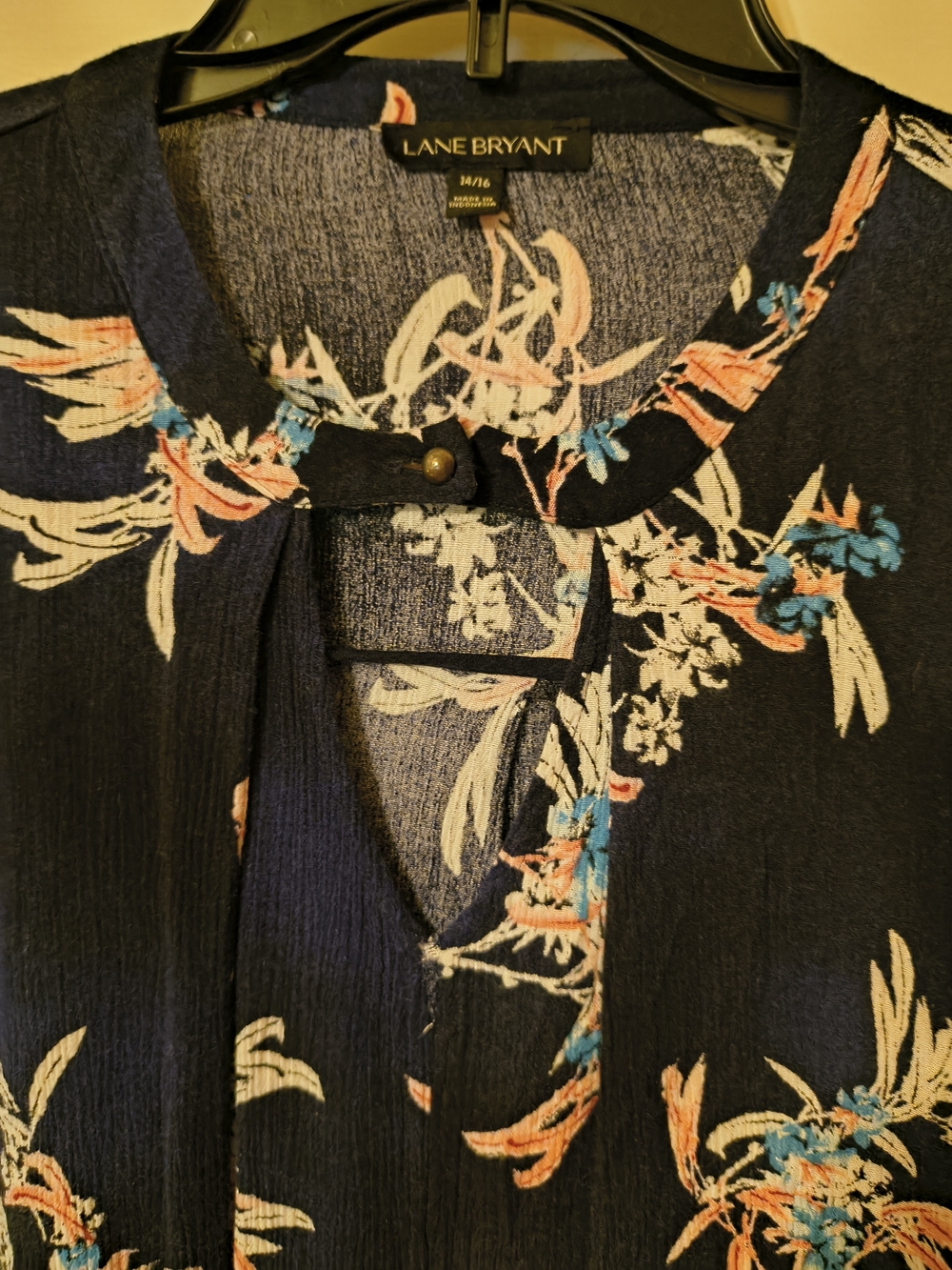 Lane Bryant Navy Floral Keyhole Blouse with Coral and Aqua Accents